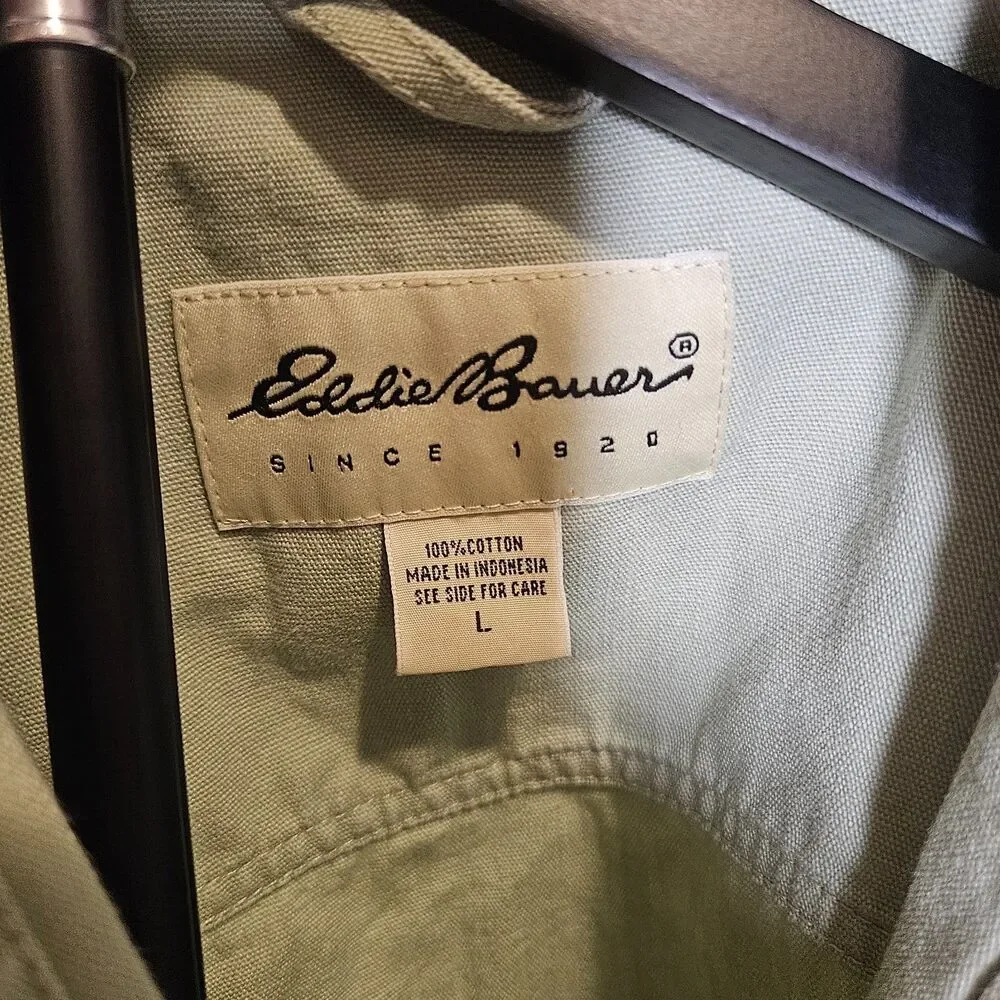 Eddie Bauer Womens L Light Green Denim Jacket Cotton Button Front Casual Trucker
